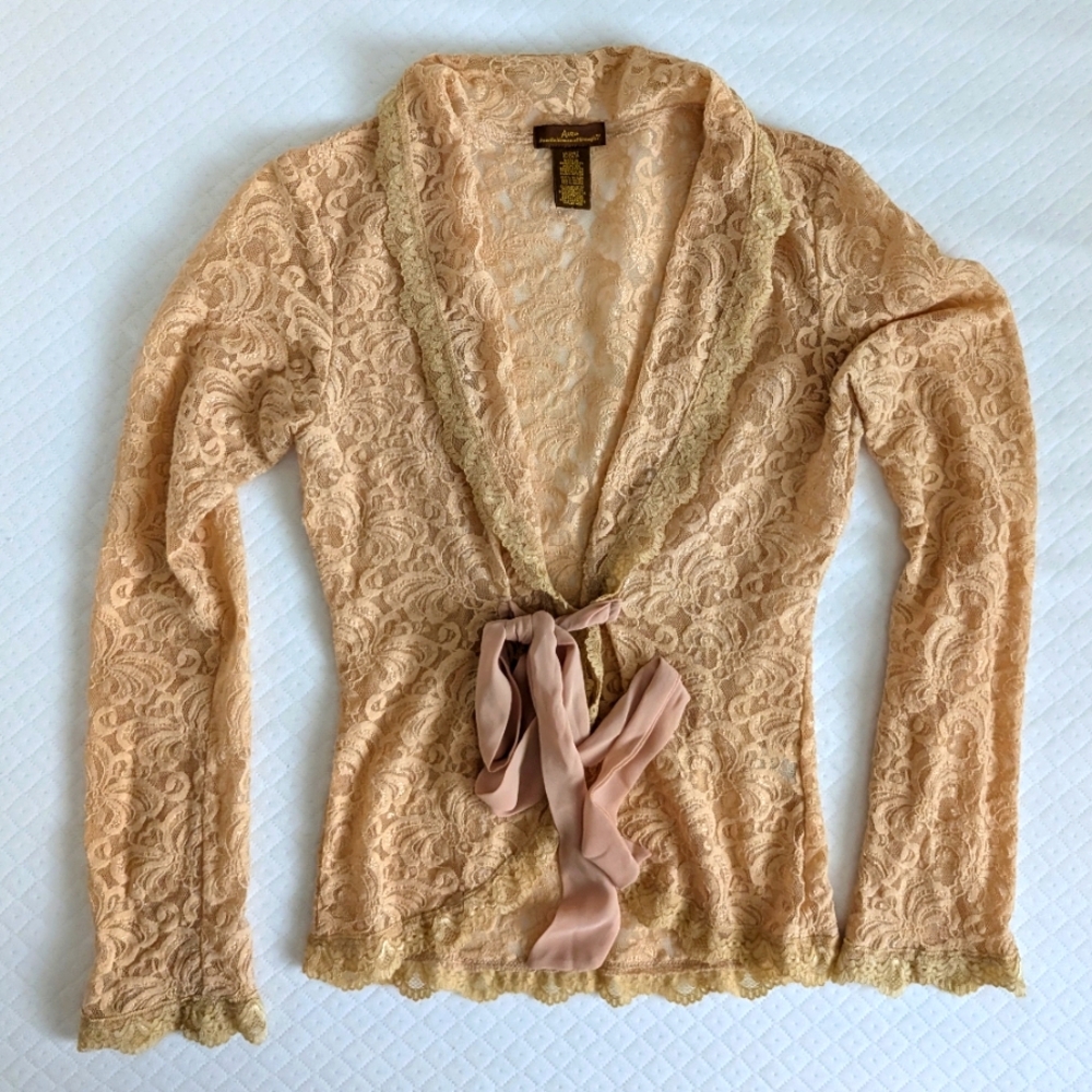 Aura by Wrangler Y2K long sleeve yellow lace tie front western blouse, size S